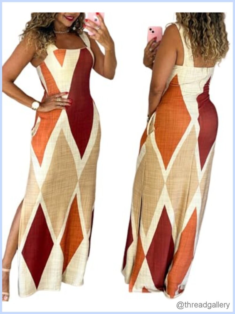 Boho Geometric Print Maxi Dress Square Neck Slit Pockets Summer